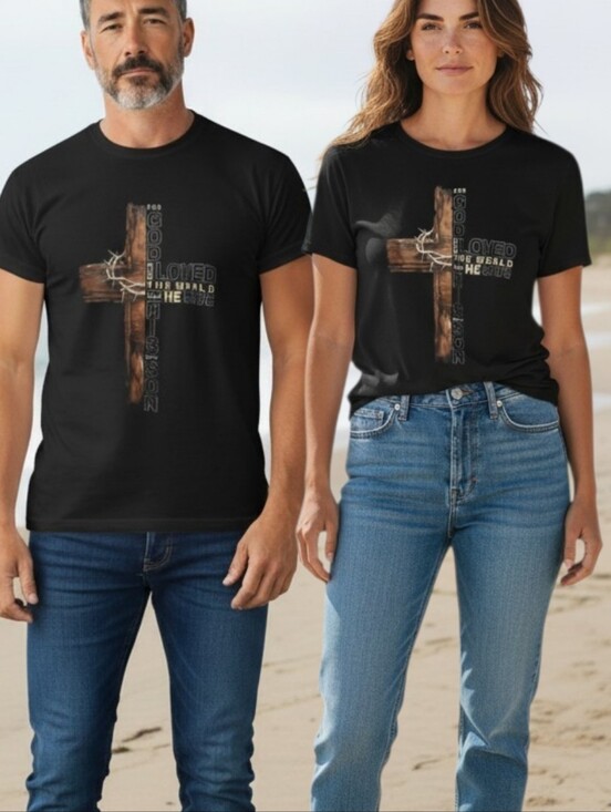 Accesss Tops - Access - NWOT, Black Short Sleeve Christian Tee Shirt, Cross,"For God So Loved"